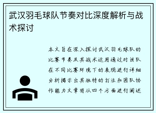 武汉羽毛球队节奏对比深度解析与战术探讨