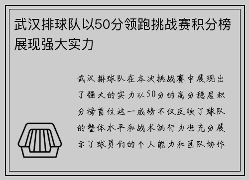 武汉排球队以50分领跑挑战赛积分榜展现强大实力